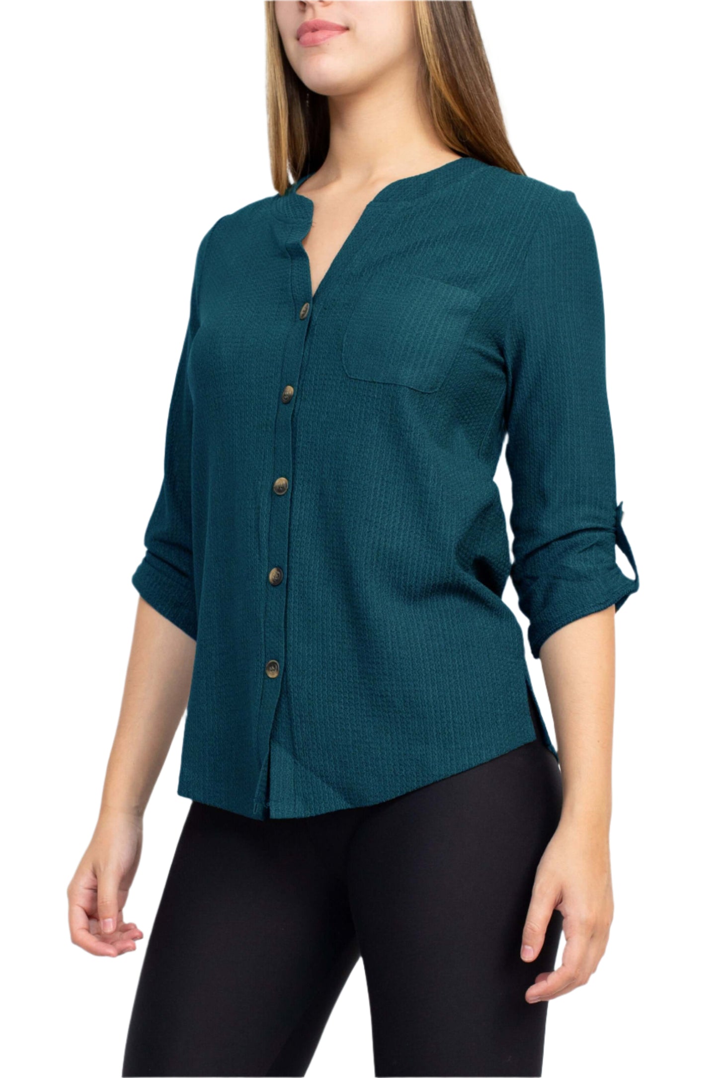 Floral + Ivy Notched Button Down 3/4 Sleeve Solid Knit Top with Front Pocket - TEAL - side