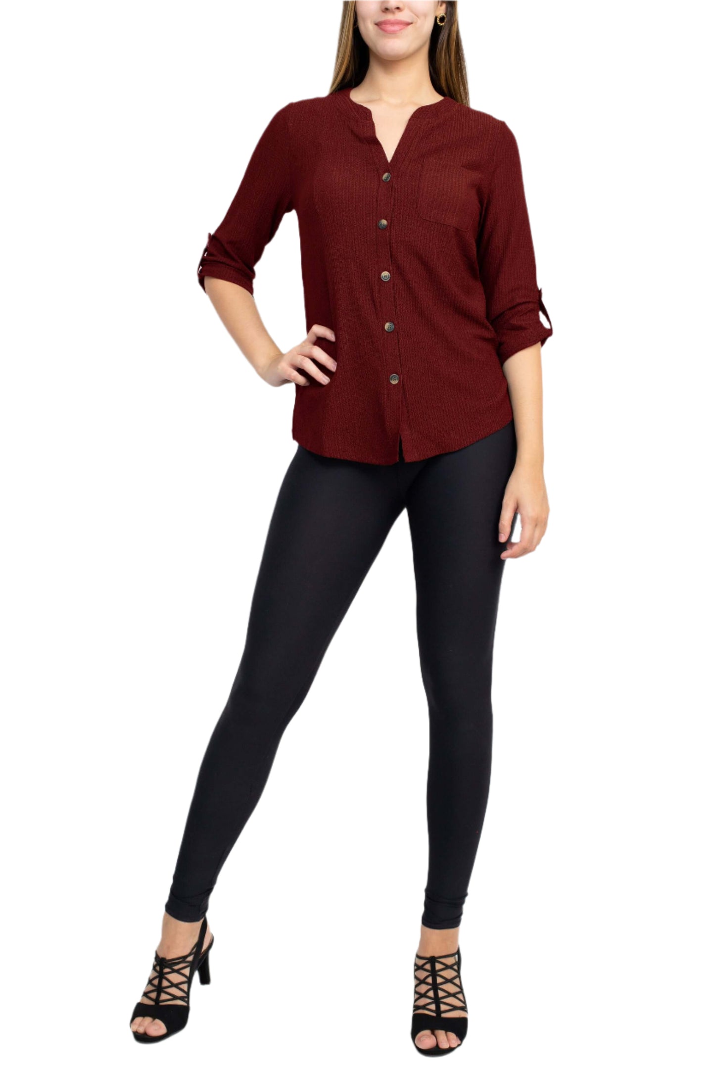 Floral + Ivy Notched Button Down 3/4 Sleeve Solid Knit Top with Front Pocket - WINE - front full view