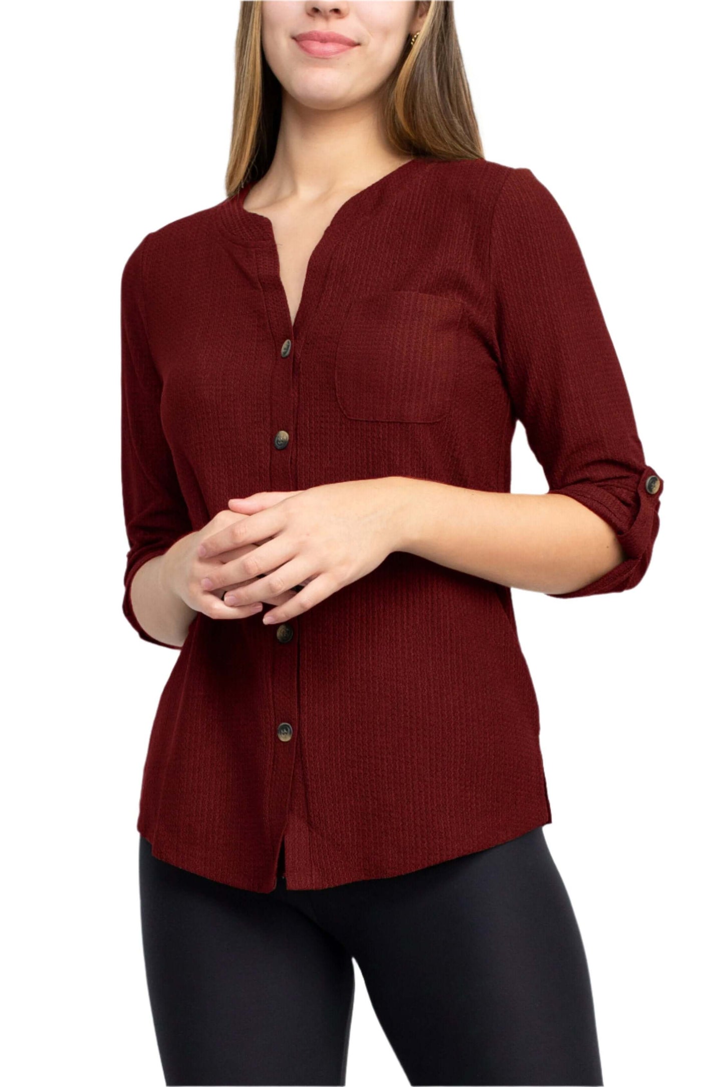 Floral + Ivy Notched Button Down 3/4 Sleeve Solid Knit Top with Front Pocket - WINE - front