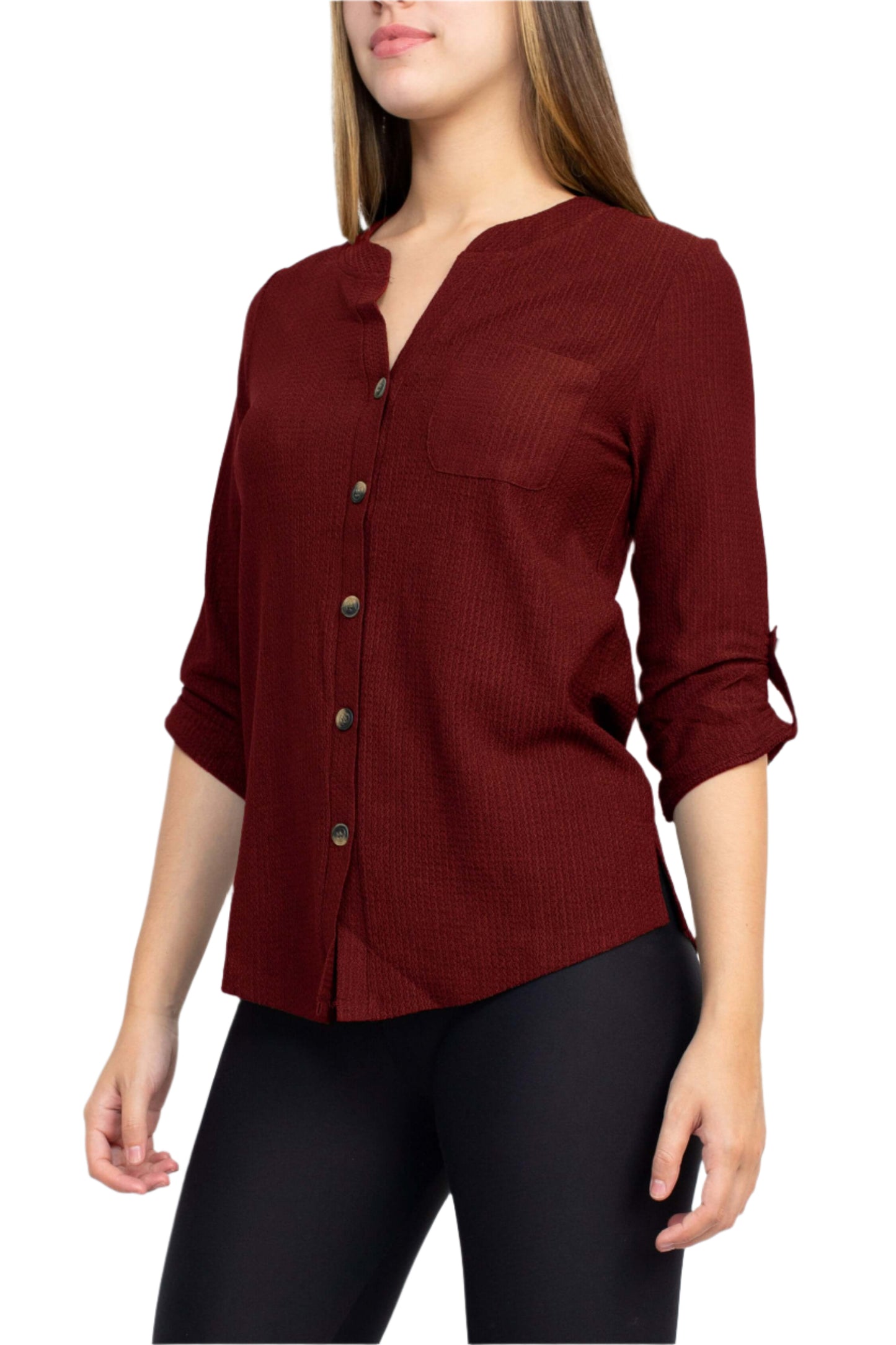 Floral + Ivy Notched Button Down 3/4 Sleeve Solid Knit Top with Front Pocket - WINE - side