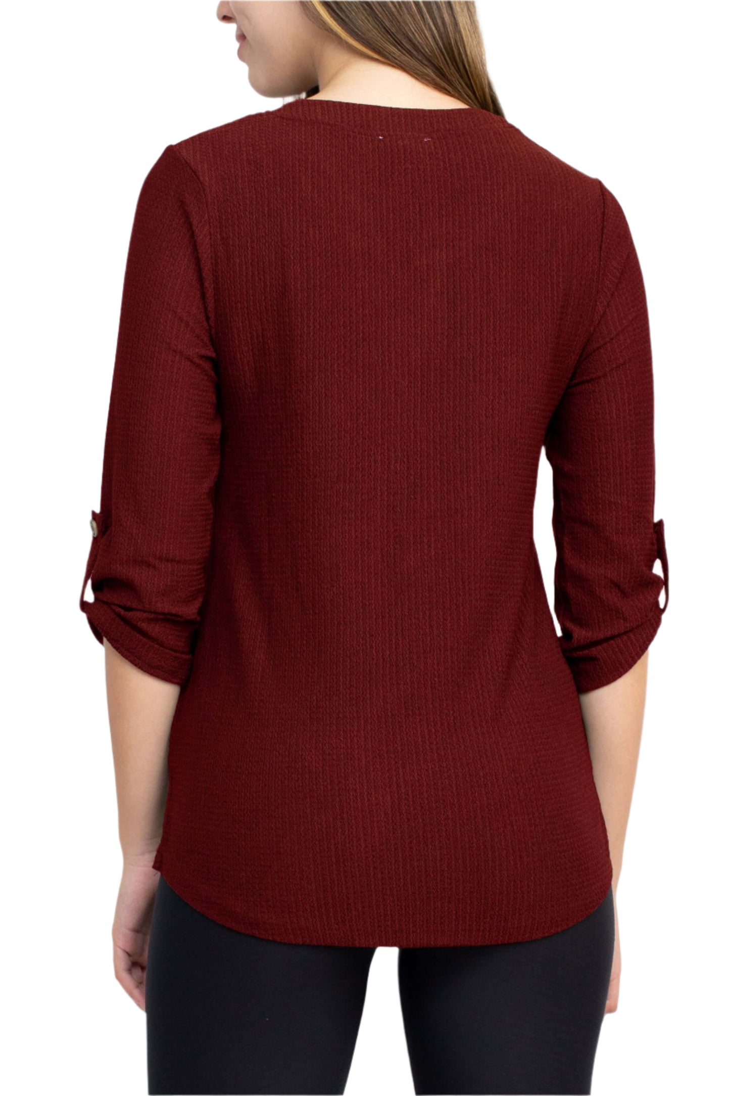 Floral + Ivy Notched Button Down 3/4 Sleeve Solid Knit Top with Front Pocket - WINE - back
