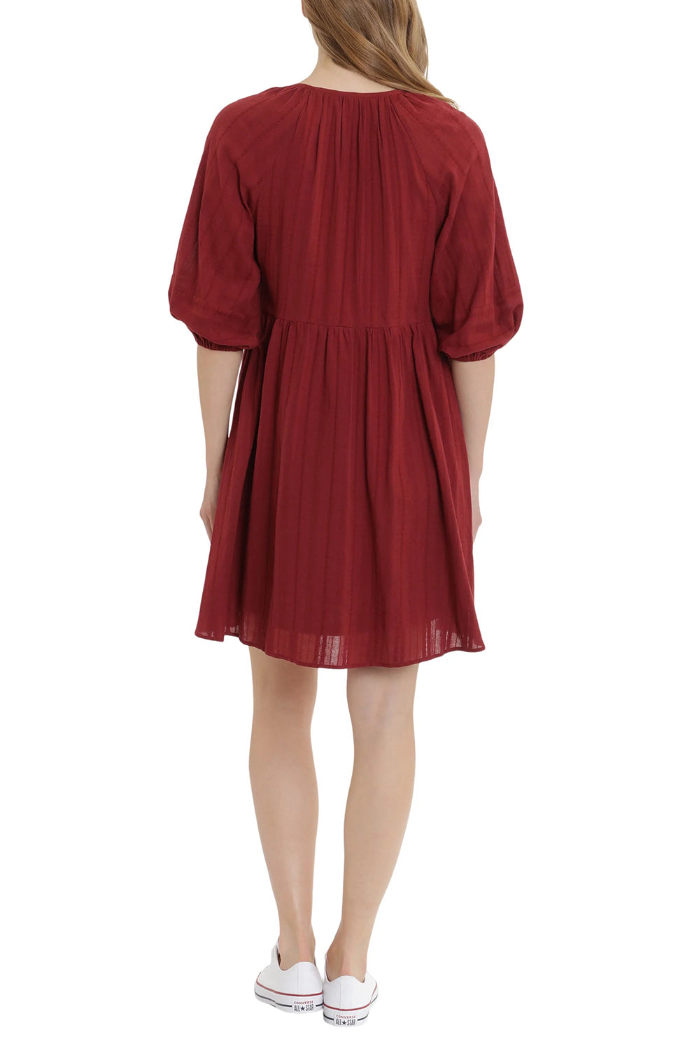 London Times V-Neck 3/4 Sleeves with Elastic Hems Short Blouson Cotton Dress - RUBY WINE - back