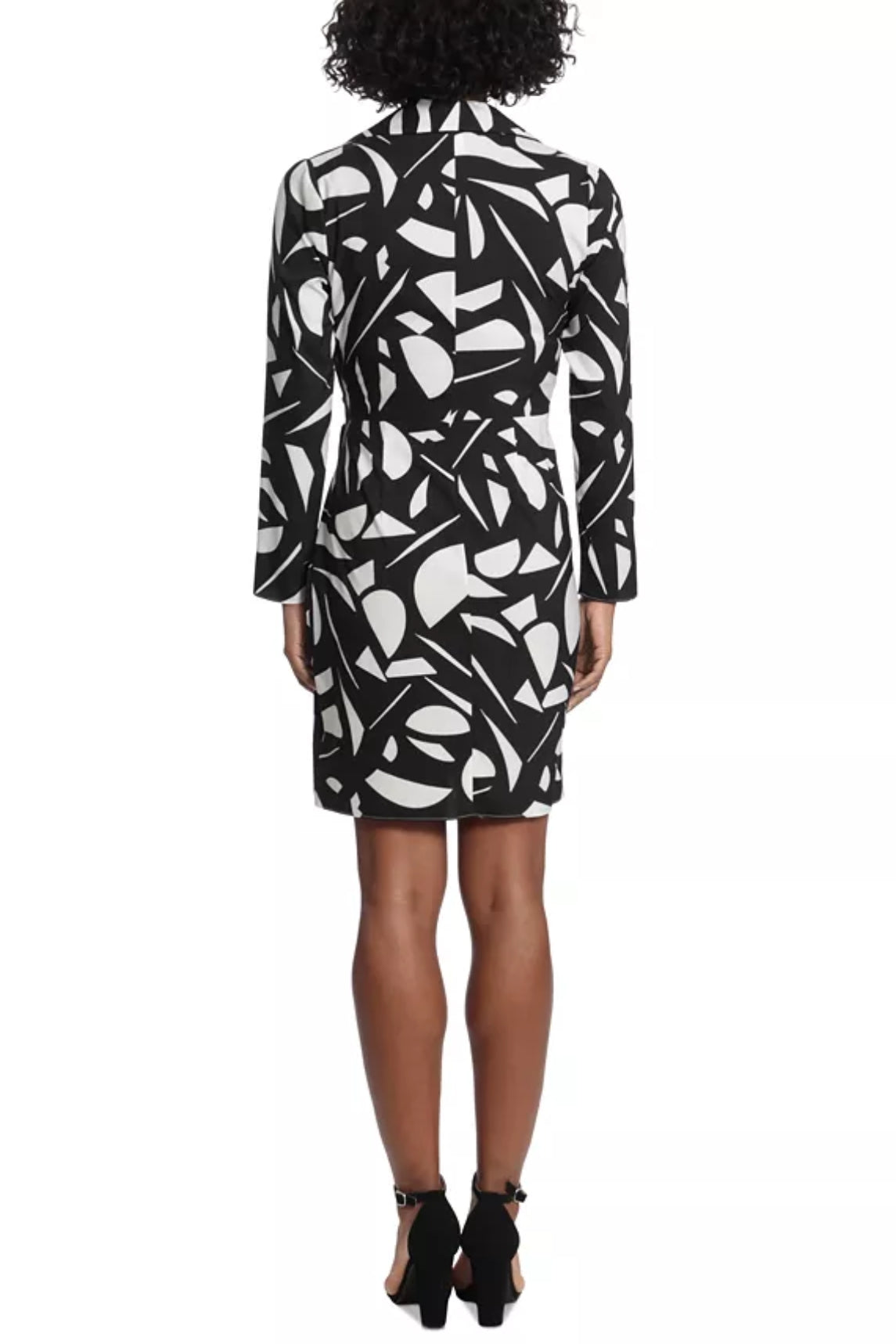 London Times V-Neck Shirt Collar Long Sleeve Tie Side Multi Print Twill Dress - BLACK WHITE - Back