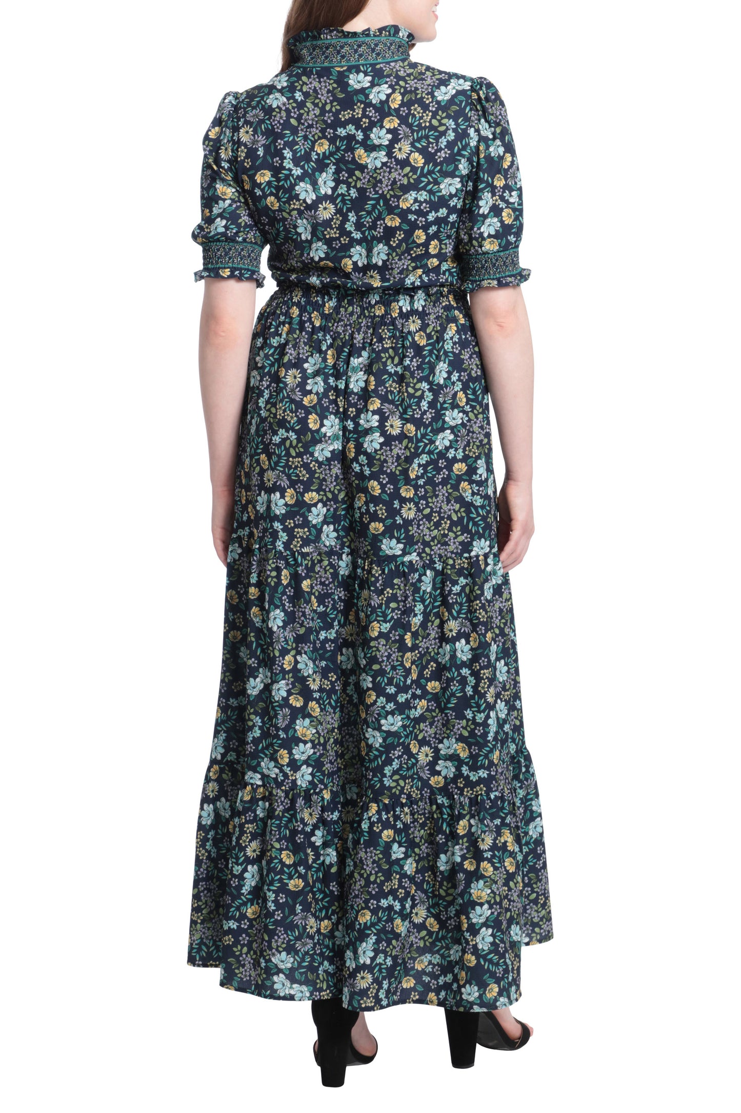 London Times Split Neck Puff Short Sleeves Long Dress - NAVY AQUA - Back