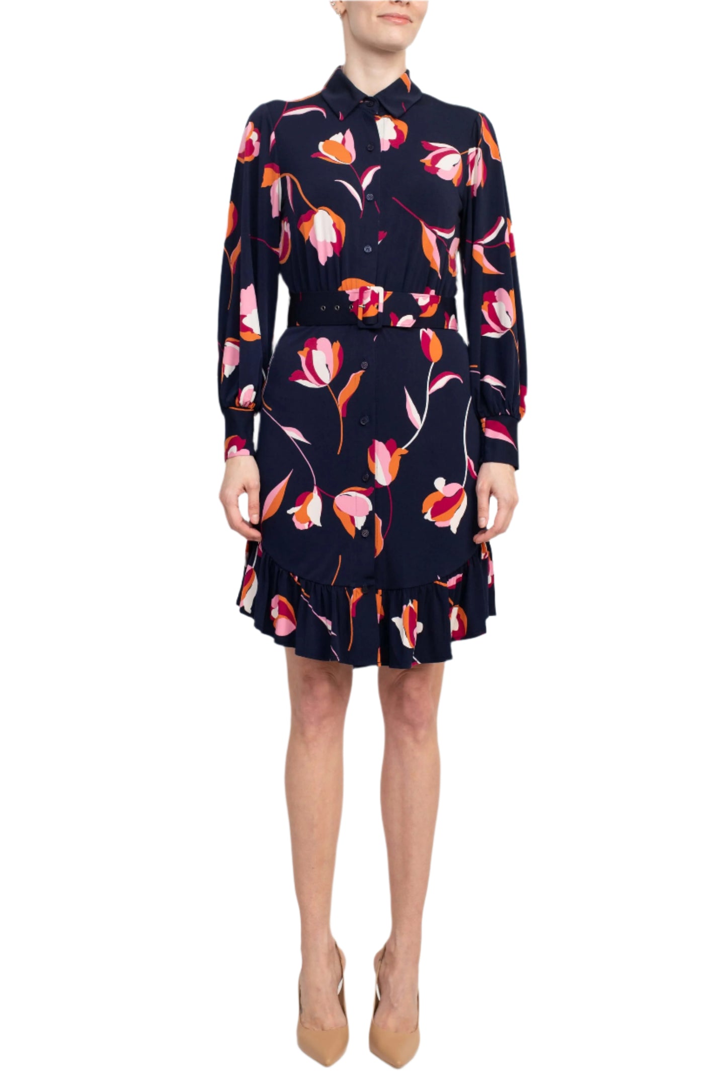 London Times Collared Button Down Elastic Cuff Long Sleeve Belted Jersey Dress - NAVY - front