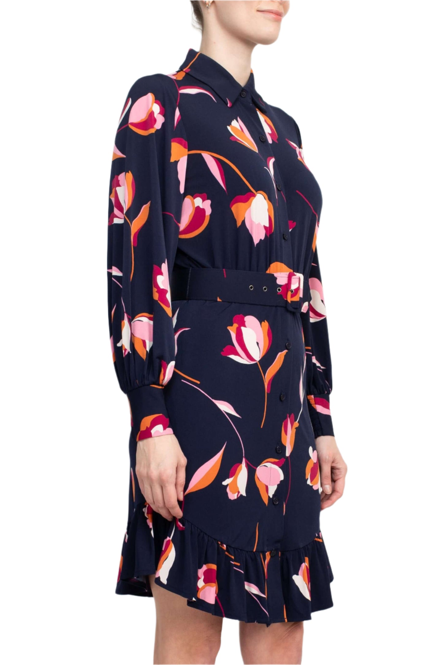 London Times Collared Button Down Elastic Cuff Long Sleeve Belted Jersey Dress - NAVY - side iew