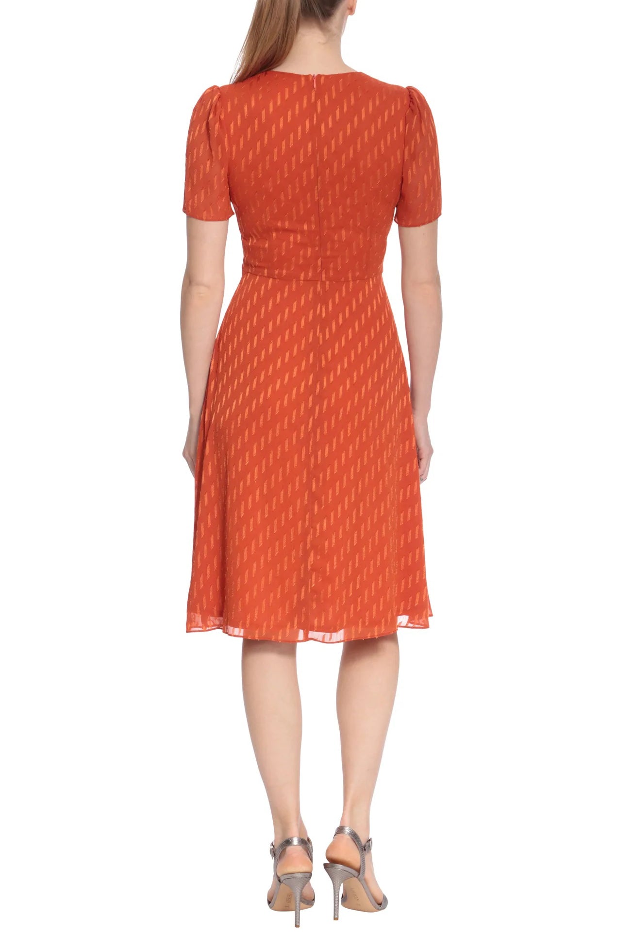 London Times V Neck Short Sleeves Back Zipper Twist Front Detail Short Dress - SPICE - Back