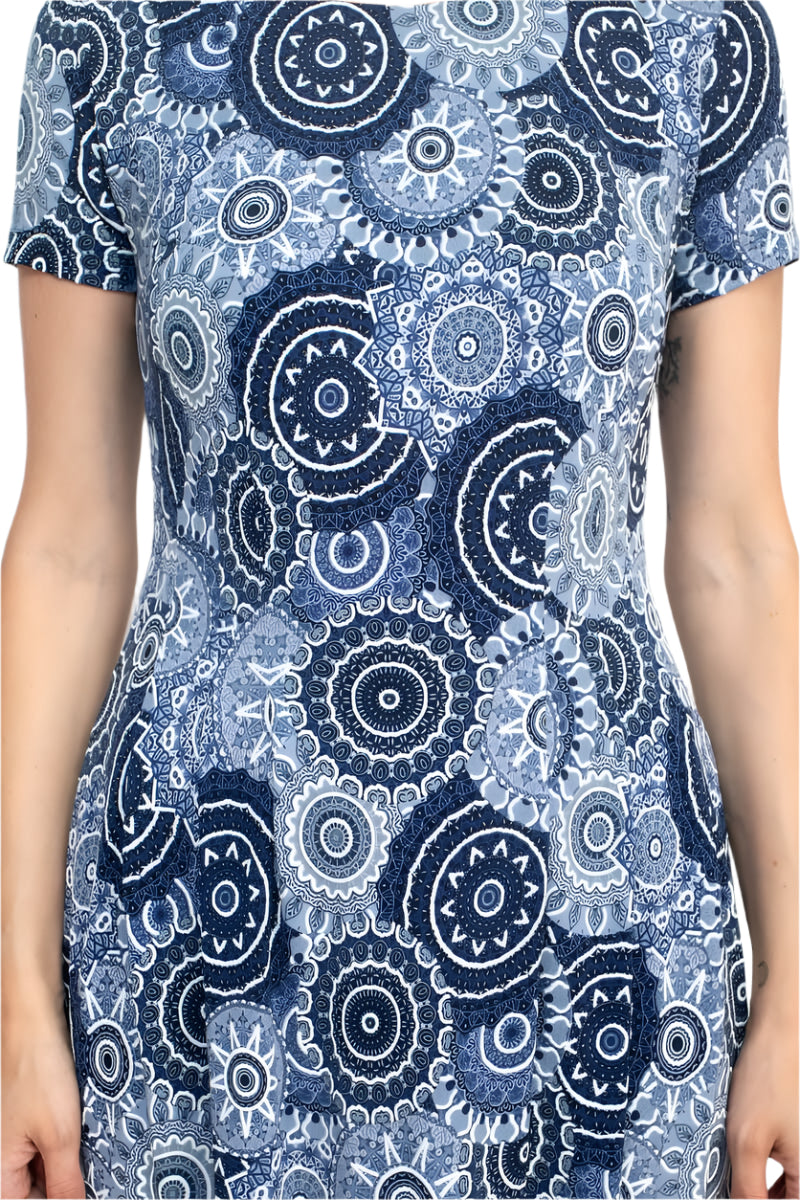 Connected Apparel Round Neck Short Sleeve Pleated Zipper Back Puff Print Fit & Flare Jersey Dress - DENIM - fabric