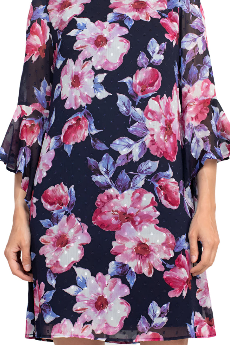 Connected Apparel Boat Neck Flounce Sleeve Zipper Back Floral Print Chiffon Dress - NAVY FUCHSIA - Fabric