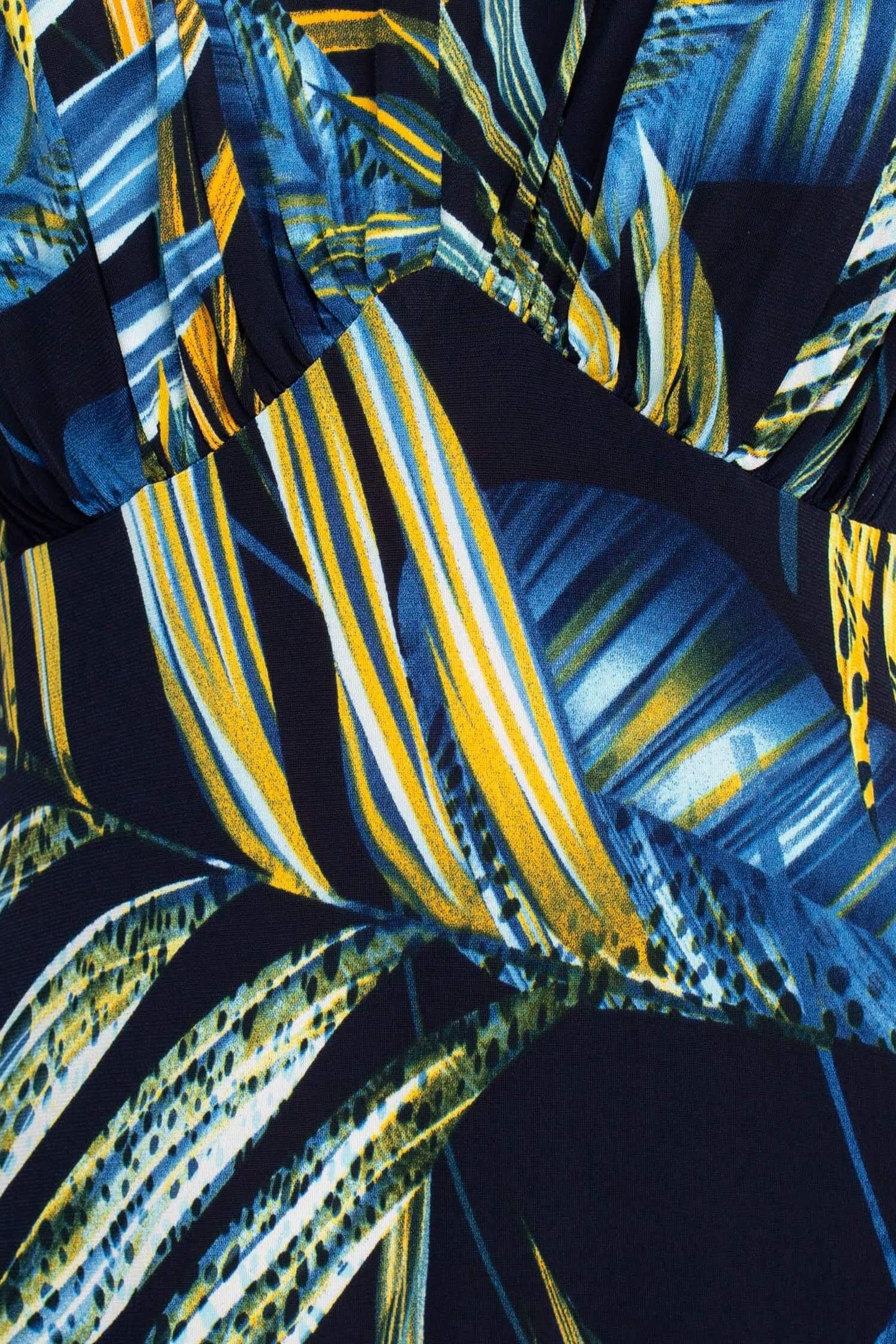 Connected Apparel V-Neck Crossed Shoulder Empire Waist Multi Print Jersey Dress - NAVY - fabric