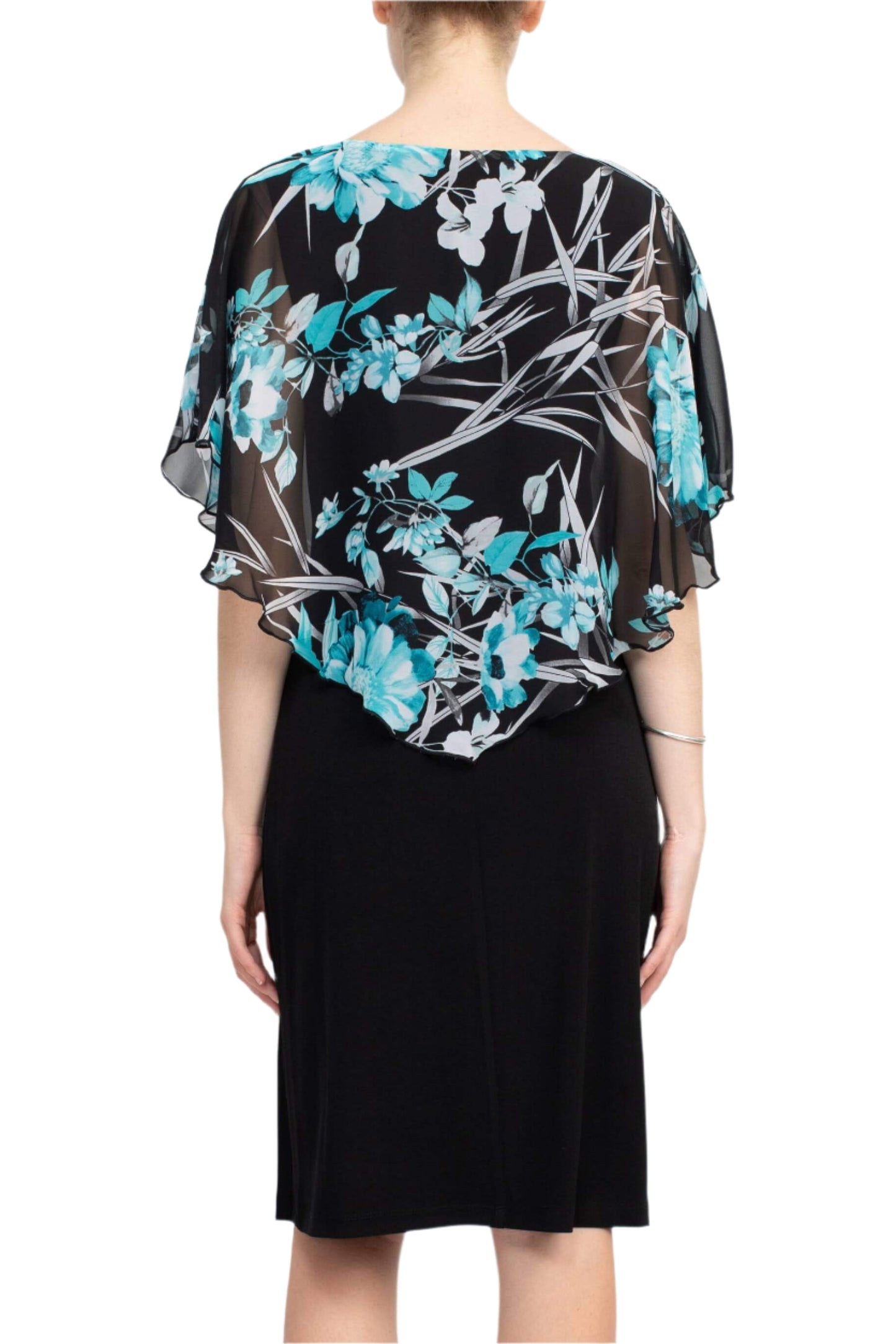 Connected Apparel V-Neck Floral Print Cape Sleeve Chiffon & ITY Dress - SEAFOAM - BACK