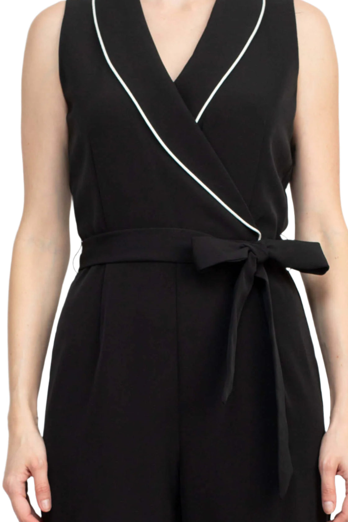 Tahari Lapel Collar V-Neck Sleeveless Piping Detail Tie Waist Scuba Jumpsuit - BLACK IVORY - Fabric