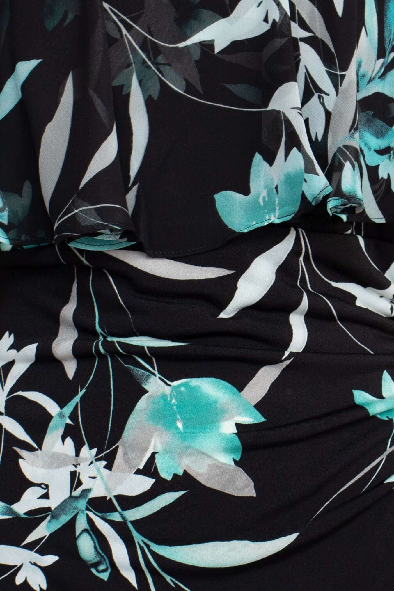 Connected Apparel V-Neck Short sleeve Floral Print Chiffon Overlay Gathered Side Floral Print ITY Dress - SEAFOAM - fabric