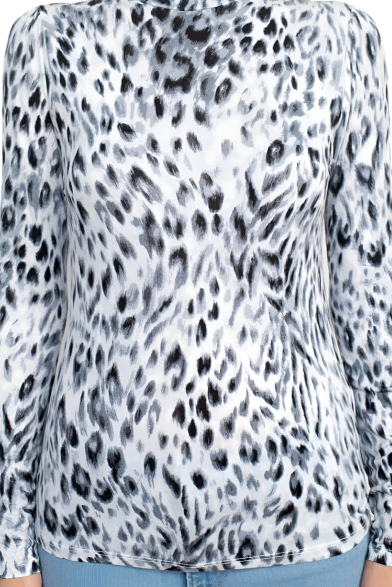 T Tahari High Neck Long Sleeve Animal Print Knit Top - GRAY - Fabric