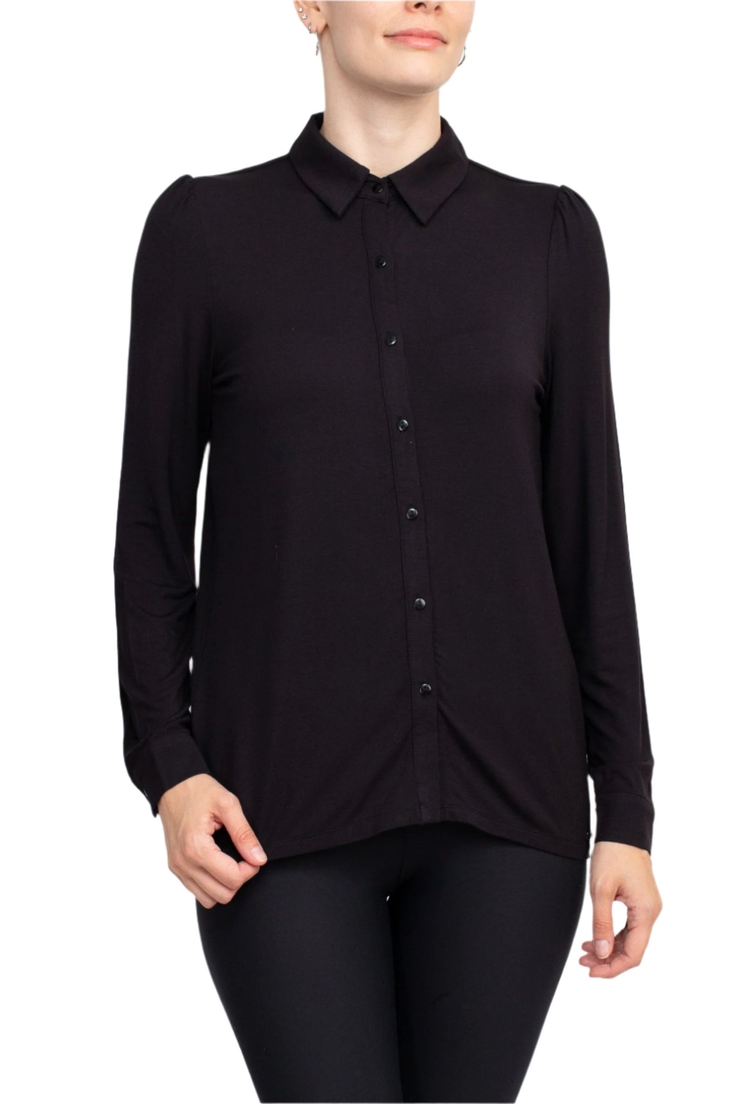 T Tahari Collar Neck Cuff Long Sleeves Button Detail ITY Top - BLACK - front