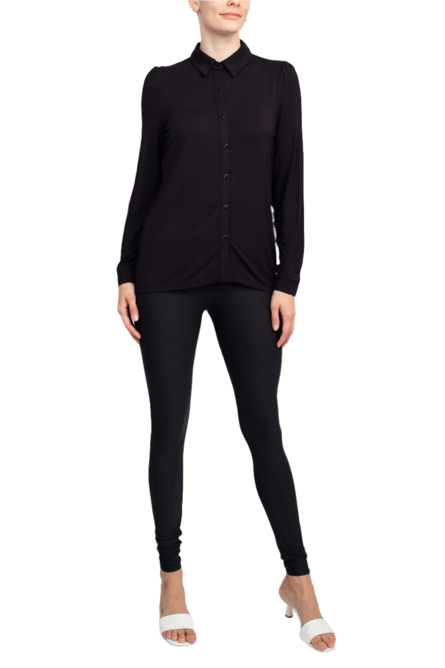 T Tahari Collar Neck Cuff Long Sleeves Button Detail ITY Top - BLACK - FRONT FULL VIEW