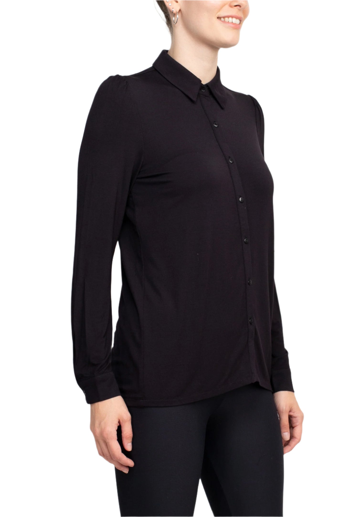 T Tahari Collar Neck Cuff Long Sleeves Button Detail ITY Top - BLCK - SIDE