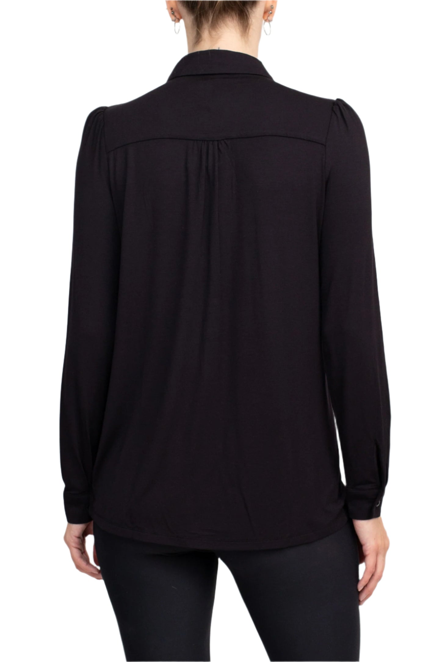 T Tahari Collar Neck Cuff Long Sleeves Button Detail ITY Top - BLACK - BACK