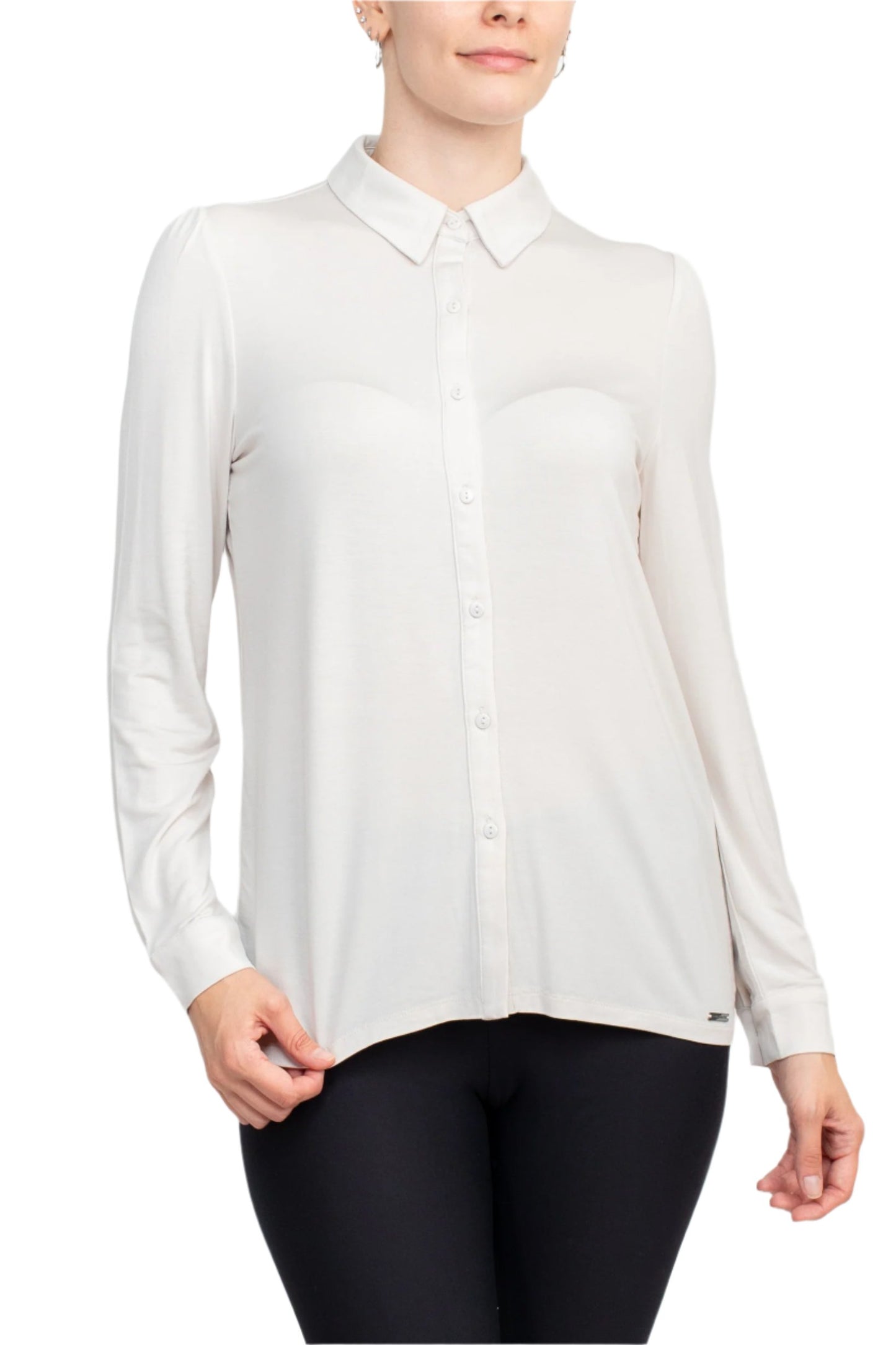 T Tahari Collar Neck Cuff Long Sleeves Button Detail ITY Top - PALE SAND - FRONT