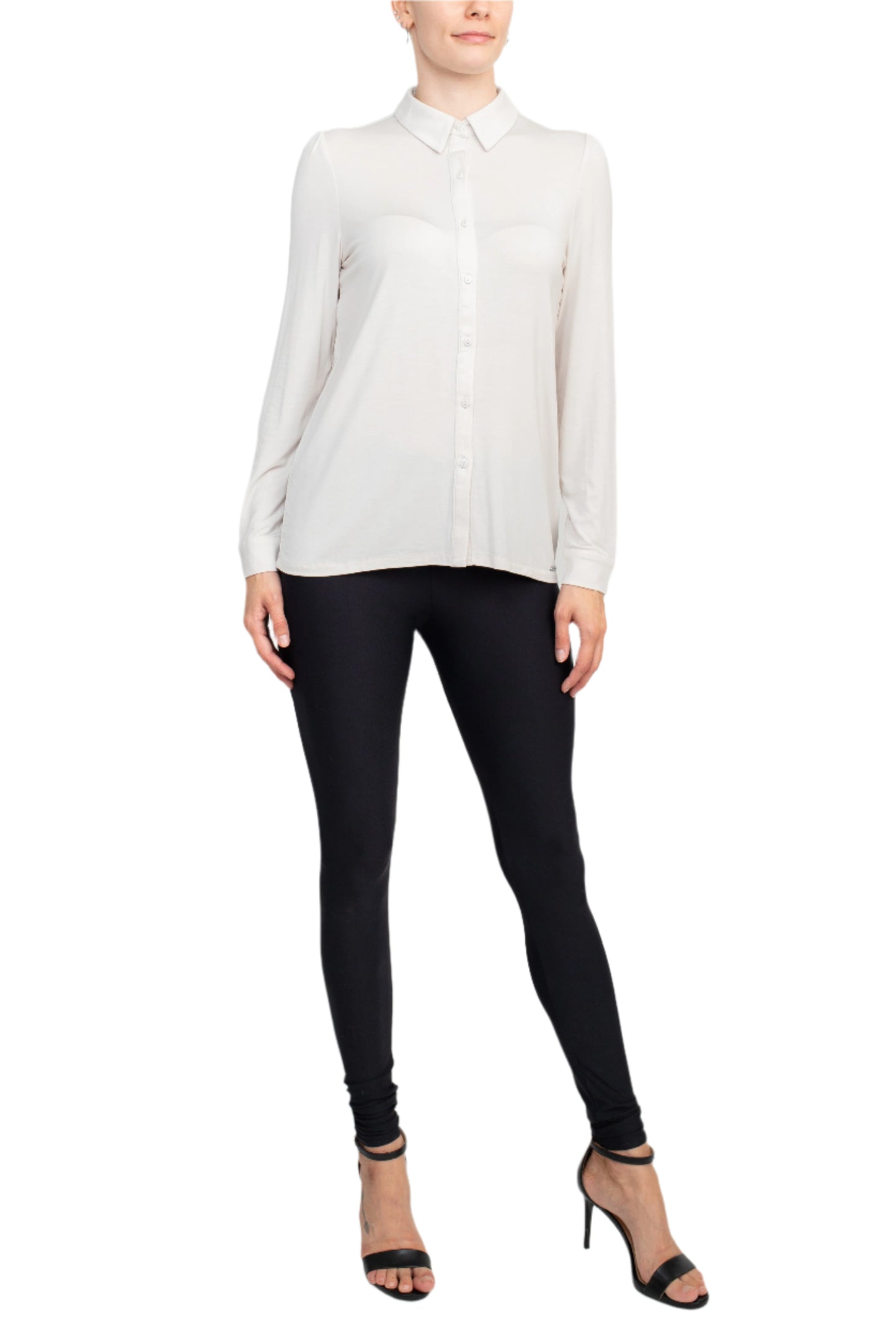 T Tahari Collar Neck Cuff Long Sleeves Button Detail ITY Top - PALE SAND - FRONT FULL VIEW
