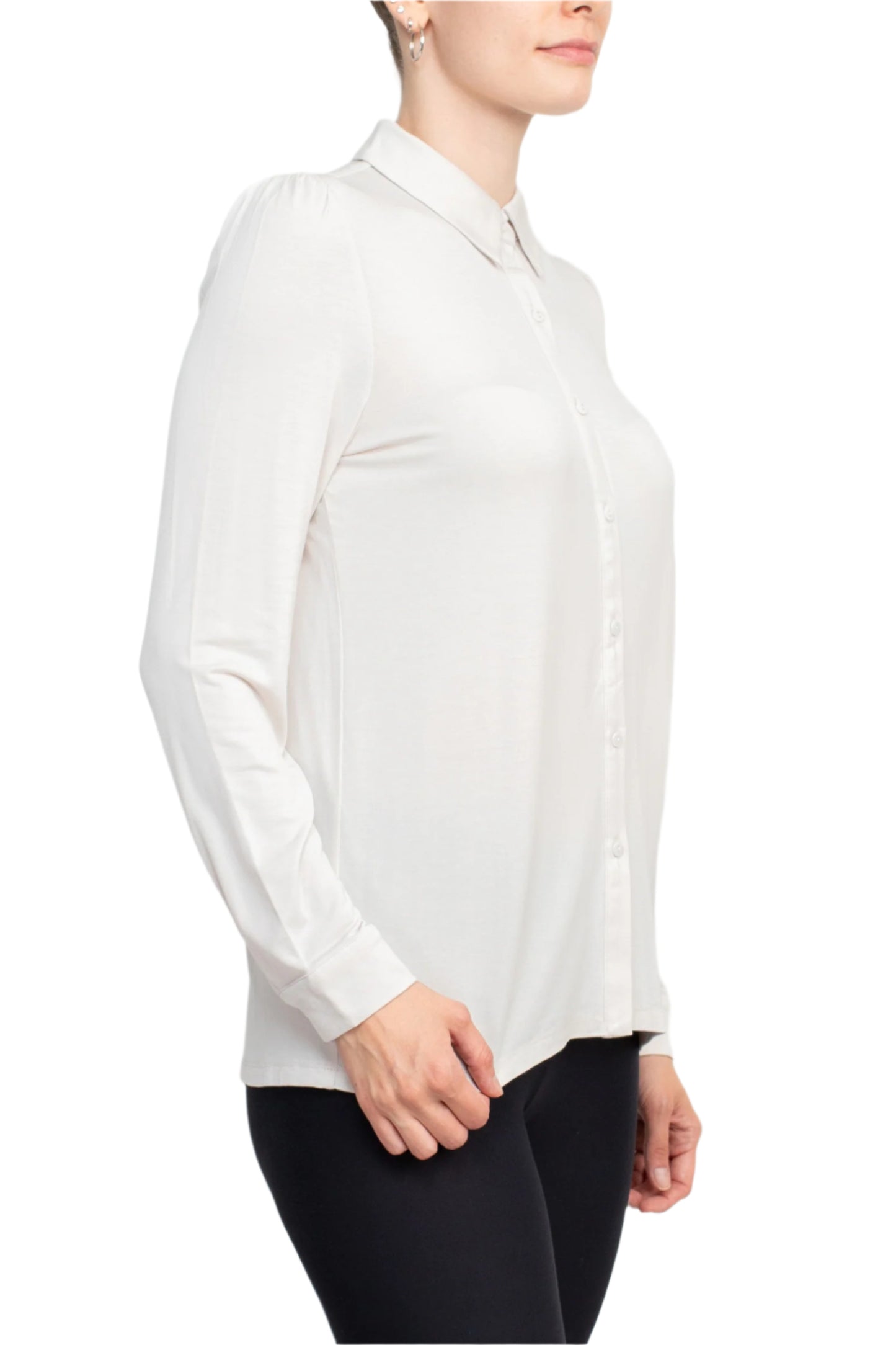 T Tahari Collar Neck Cuff Long Sleeves Button Detail ITY Top - PALE SAND - SIDE