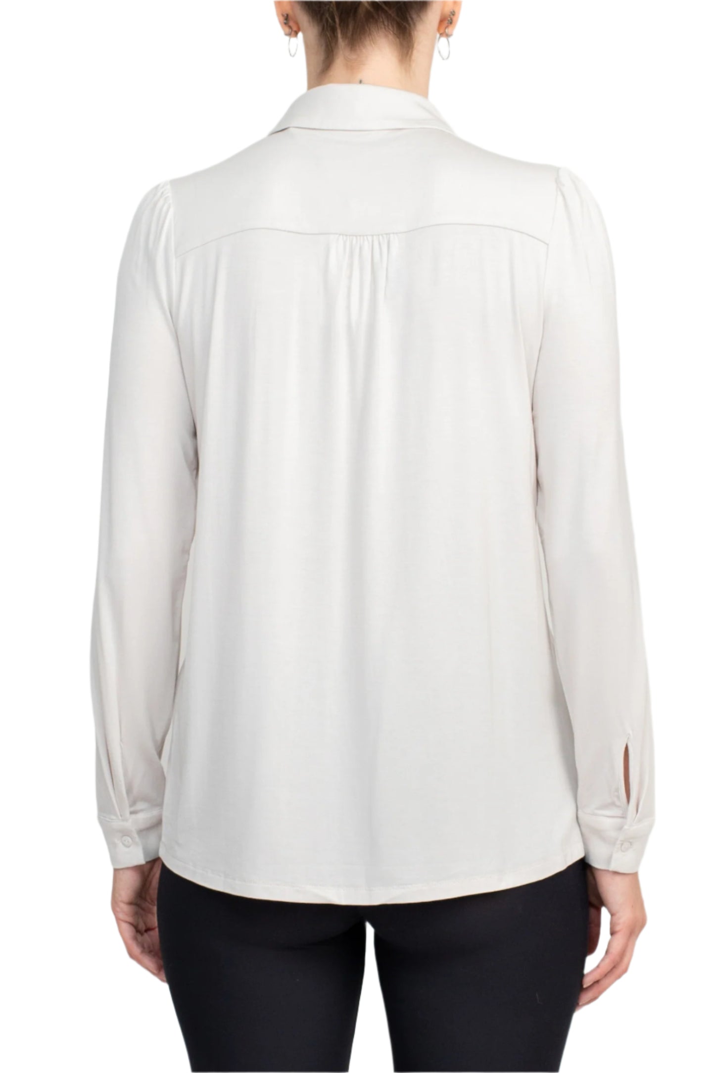 T Tahari Collar Neck Cuff Long Sleeves Button Detail ITY Top - PALE SAND - BACK