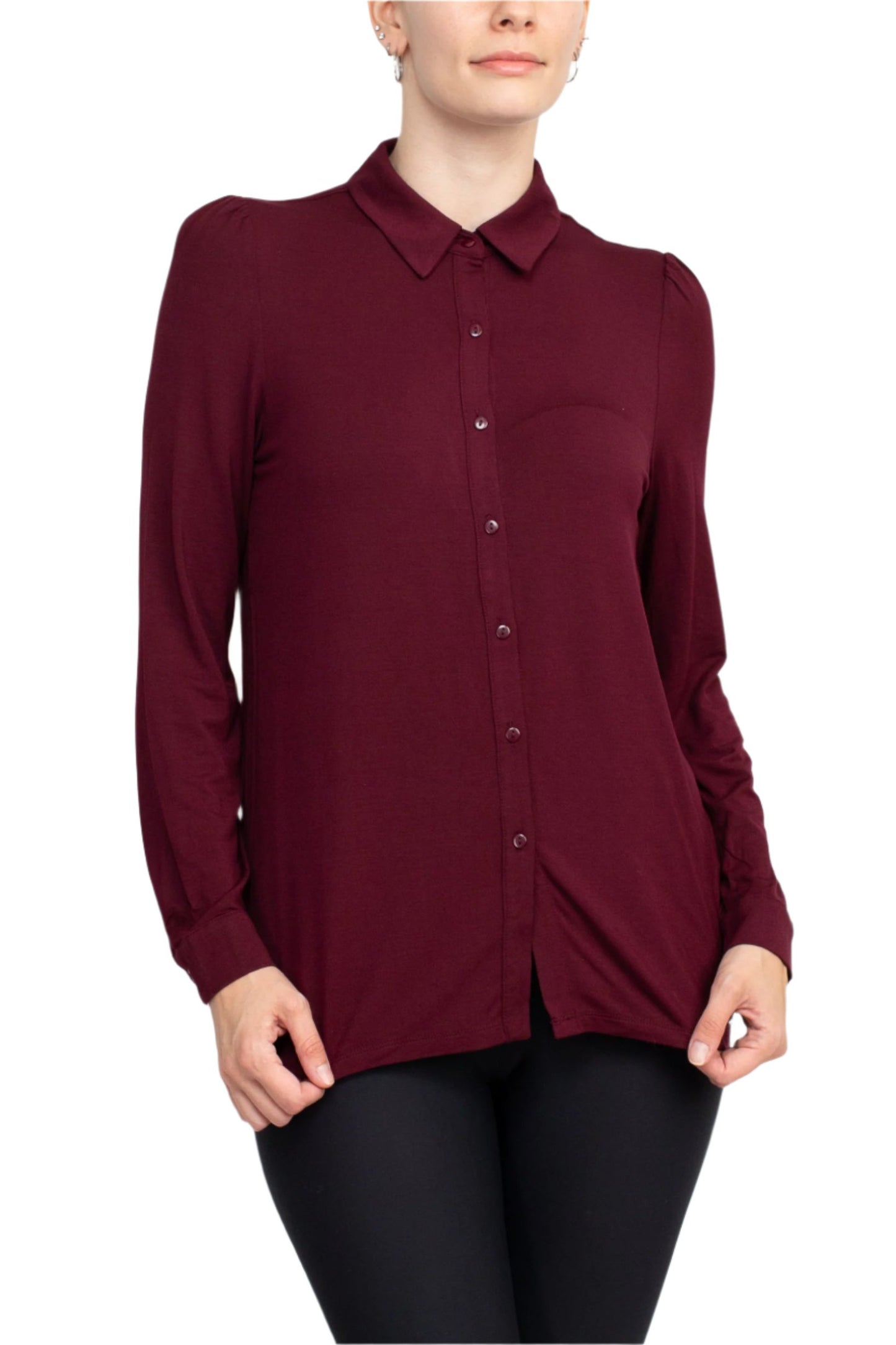 T Tahari Collar Neck Cuff Long Sleeves Button Detail ITY Top - PORT - FRONT