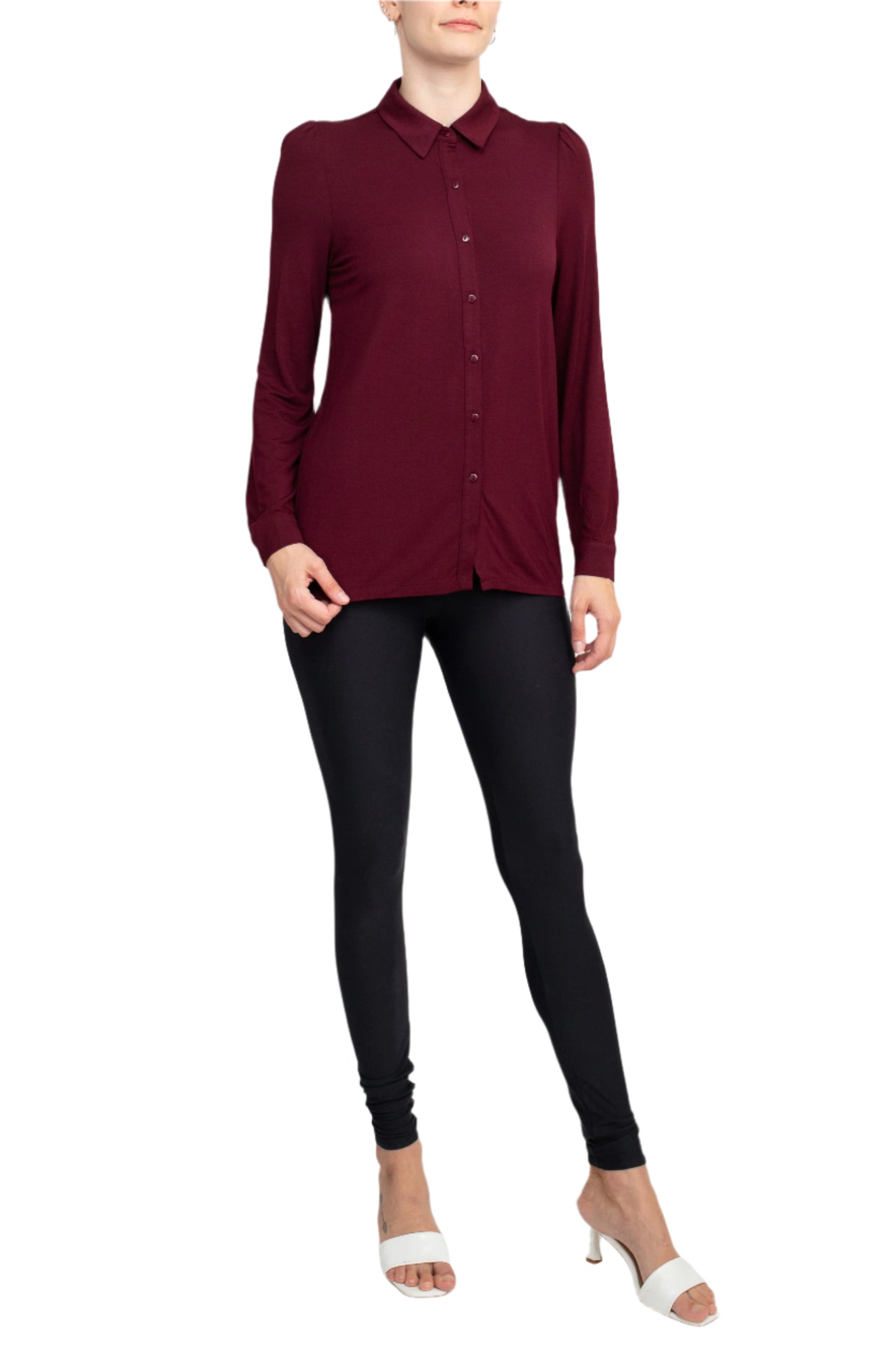 T Tahari Collar Neck Cuff Long Sleeves Button Detail ITY Top - PORT - FRONT FULL VIEW