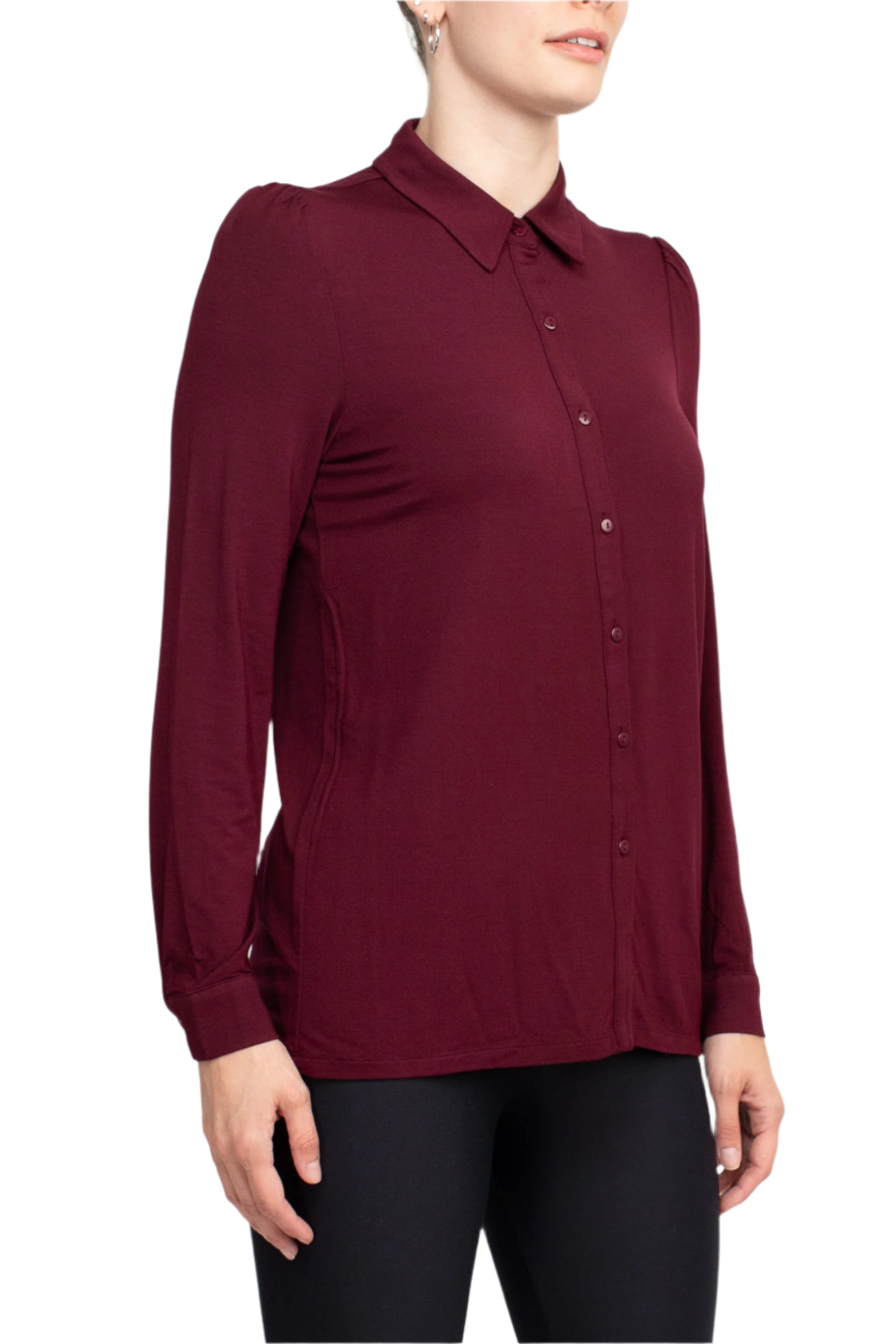T Tahari Collar Neck Cuff Long Sleeves Button Detail ITY Top - PORT - SIDE