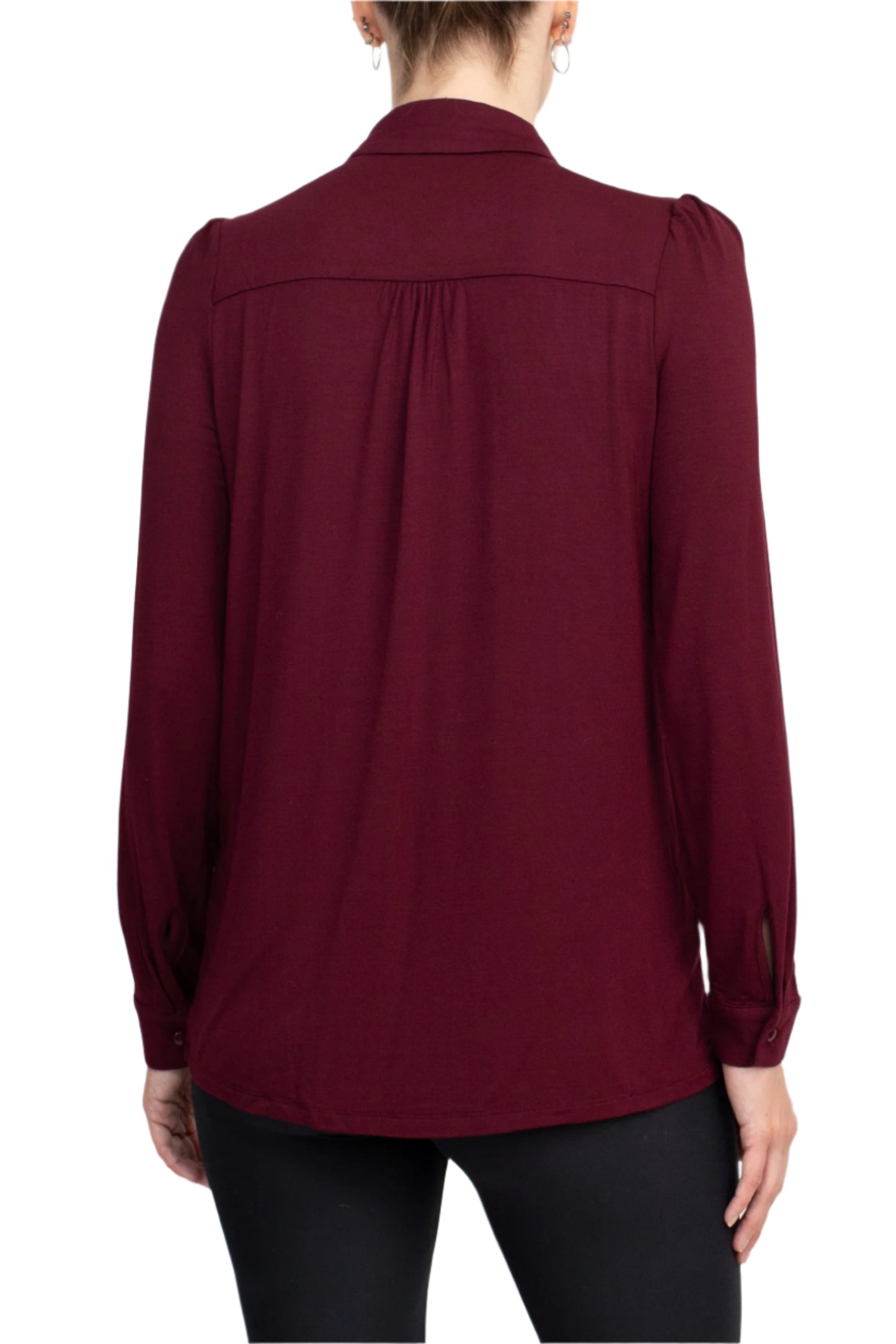 T Tahari Collar Neck Cuff Long Sleeves Button Detail ITY Top - PORT - BACK