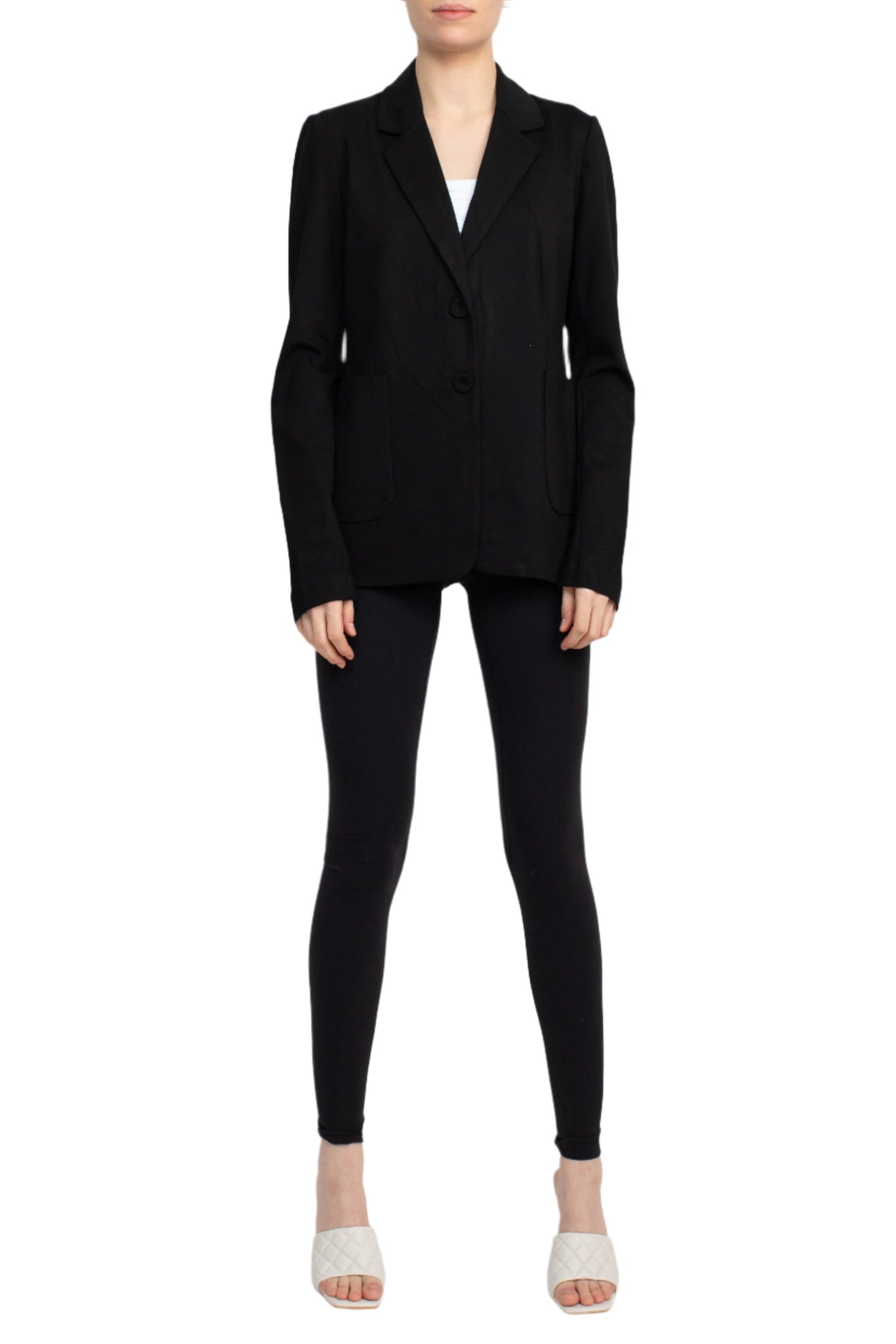 T Tahari Notched Collar Two Button Long Sleeve With Patch Pockets Knit Blazer - BLACK - Front Full View