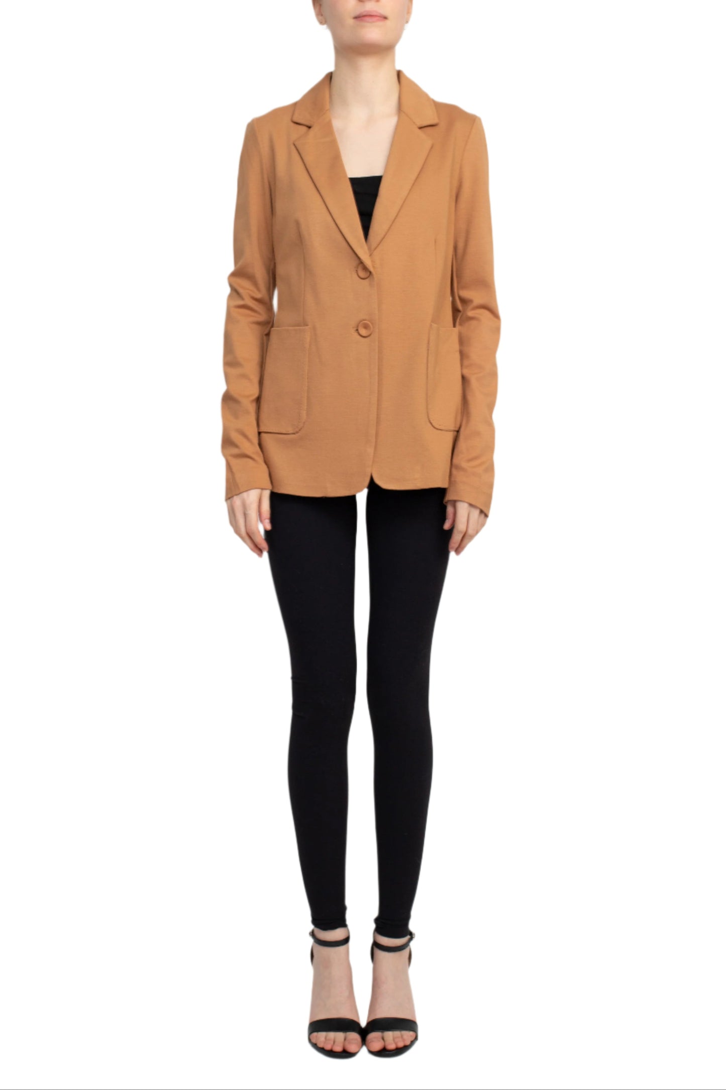 T Tahari Notched Collar Two Button Long Sleeve With Patch Pockets Knit Blazer - CARAMEL - Front Full View