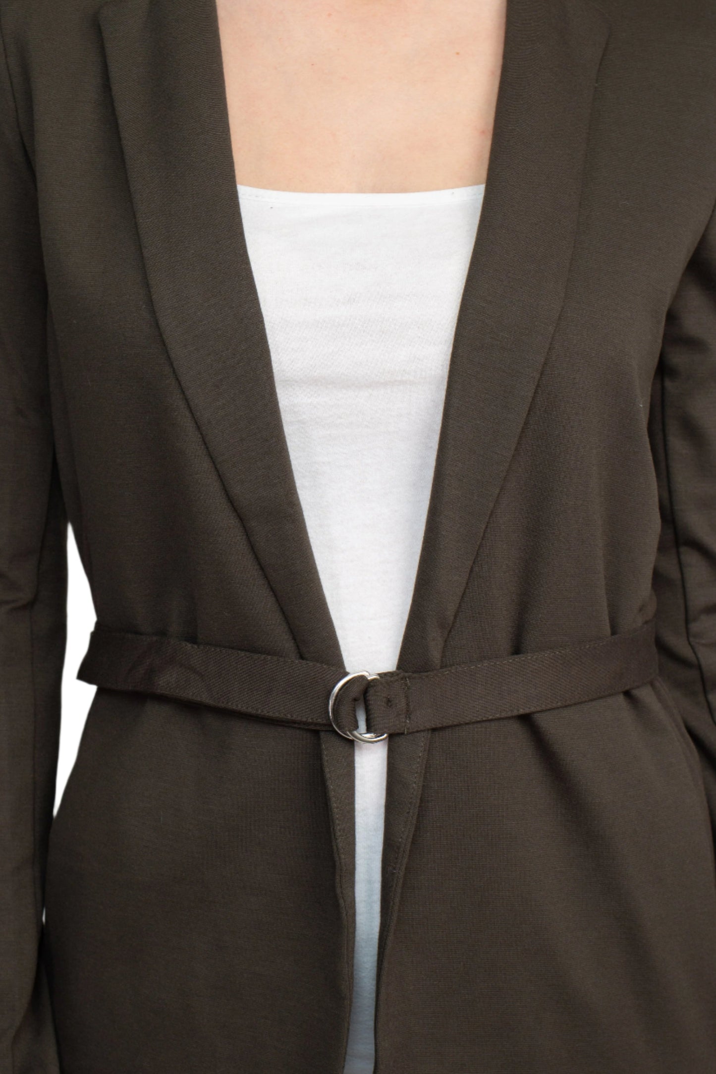 T Tahari Notched Collar Open Front Long Sleeve Ring Style Waist Belt Jacket - DEEP OLIVE - Fabric