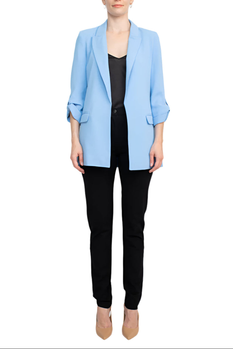T Tahari Lapel Collar 3/4 Roll Sleeve Open Front Woven Jacket - WEDGEWOOD - Front Full View