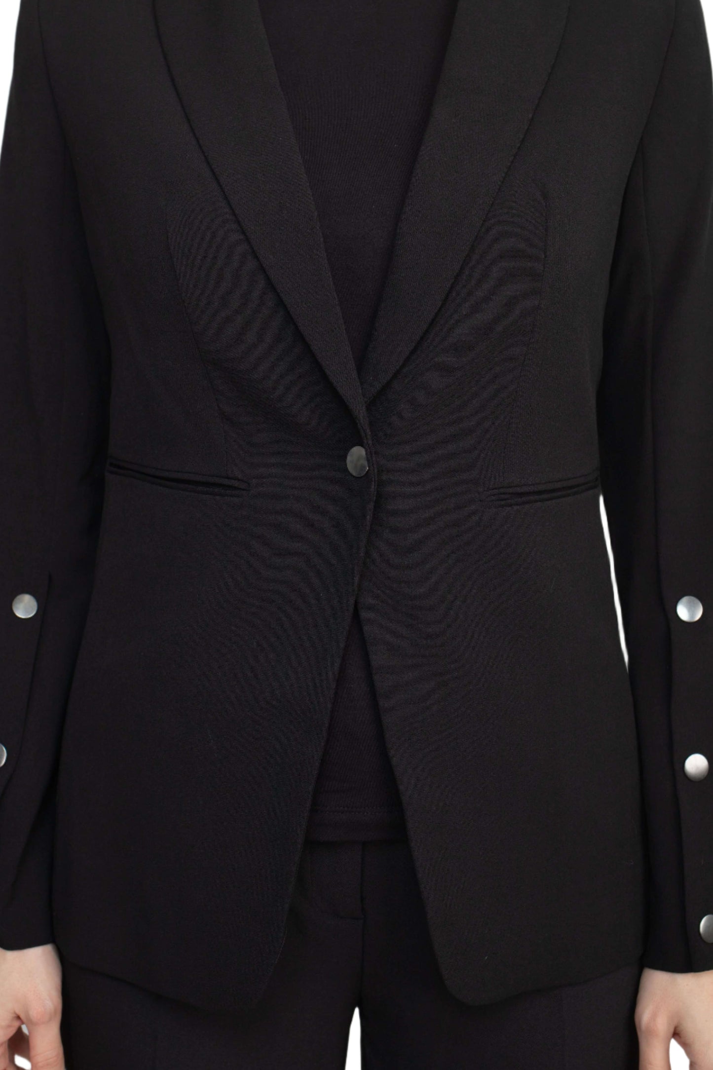 T Tahari Notched Collar Long Sleeve One Button Rayon Blazer - BLACK - Fabric