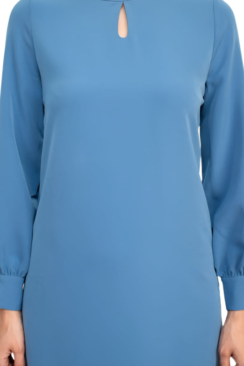 T Tahari Crew Neck Keyhole Front Balloon Long Sleeve A-Line Stretch Crepe Dress - BLUE BIRD - Fabric
