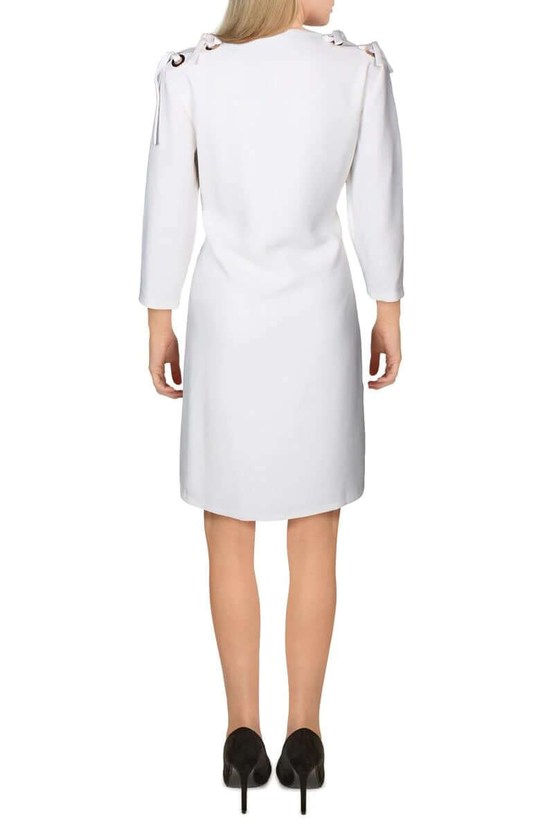 T Tahari V-Neck 3/4 Sleeve Ribbon Shoulder Solid Polyester Dress - WHITE - Back