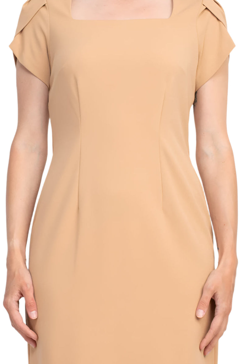 Connected Apparel Square Neck Short Sleeve Zipper Back Sheath Solid Stretch Crepe Dress - CARAMEL - Fabric