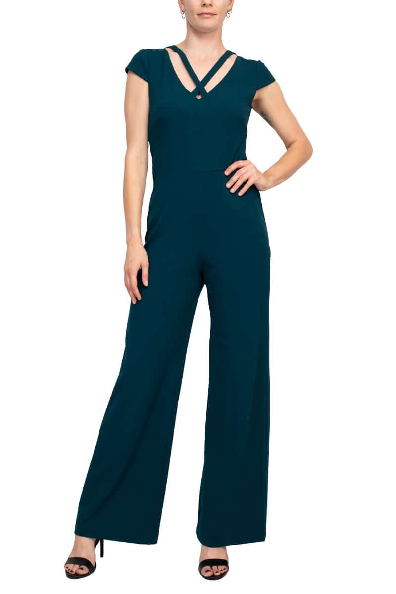 Connected Apparel Banded V-Neck Cap Sleeve Zipper Closure Solid Crepe Jumpsuit - DML GOLD - Front