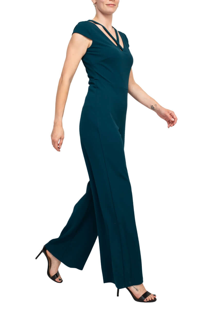 Connected Apparel Banded V-Neck Cap Sleeve Zipper Closure Solid Crepe Jumpsuit - DML GOLD - Side