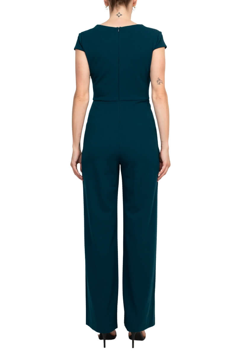 Connected Apparel Banded V-Neck Cap Sleeve Zipper Closure Solid Crepe Jumpsuit - DML GOLD - Back