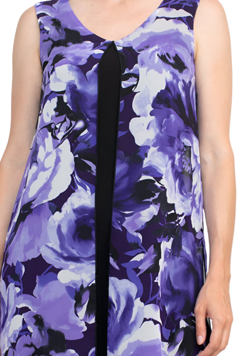 Connected Apparel Scoop Neck Sleeveless Floral Print Chiffon Overlay Stretch Crepe Dress - DARK PURPLE - Fabric
