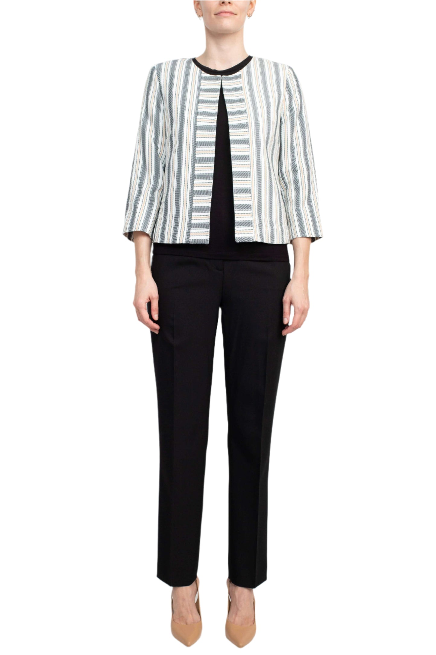Tahari ASL Crew Neck 3/4 Sleeve Hook & Eye Stripe Print Twill Jacket - GREY MULTI - FRONT FULL VIEW