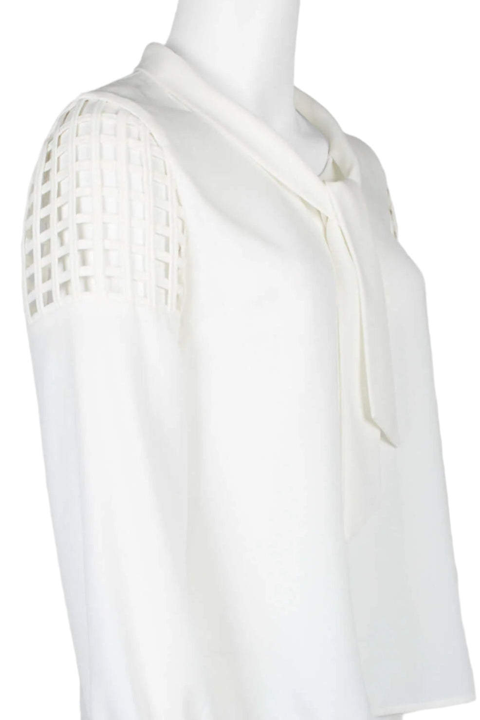 Tahari ASL Tie Neck Long Sleeve Laser Cut Shoulder Keyhole Back Crepe Top (Petite) - IVORY - Side