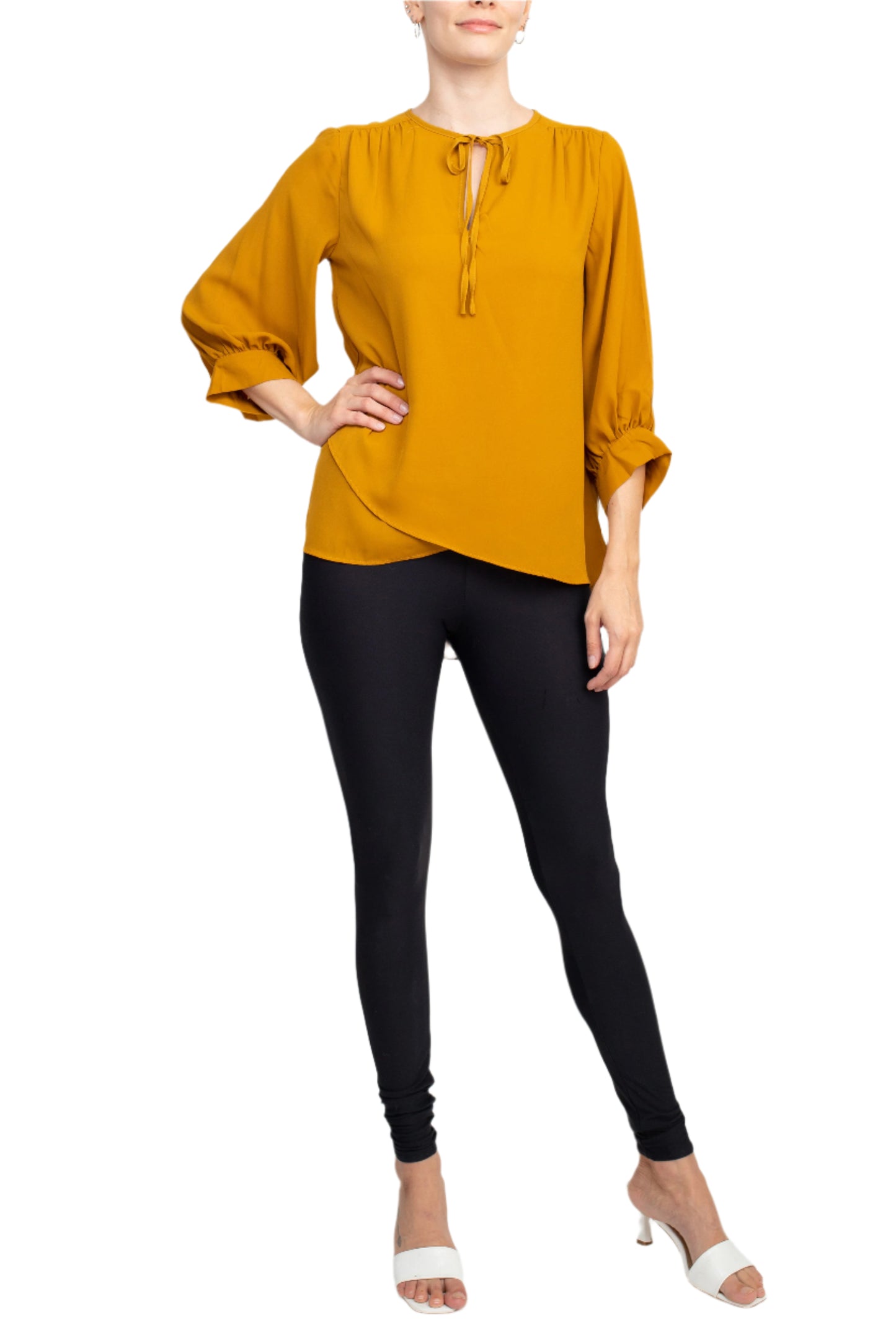 Joan Vass NY Crew Neck Tie Neck 3/4 Shirred Sleeve Front Panel Double Layer Crepe Top - MUSTARD - front ull view