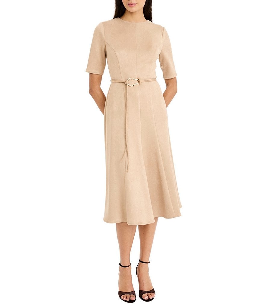 Maggy London Soft Stretch Suede Short Sleeve Fit And Flare Midi Dress G7151M