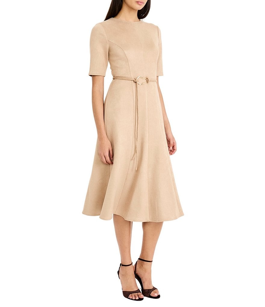 Maggy London Soft Stretch Suede Short Sleeve Fit And Flare Midi Dress G7151M