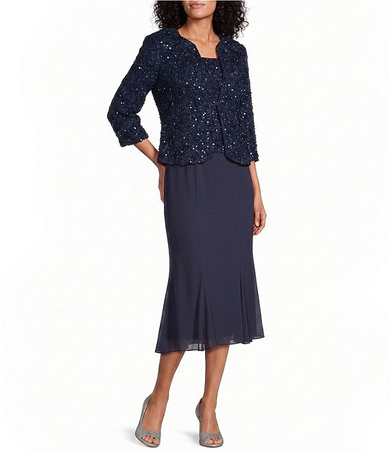 Wholesale Tea Length Soutache Dress with Center Front Button Jacket and Chiffon Skirt Alex Evenings 81122689