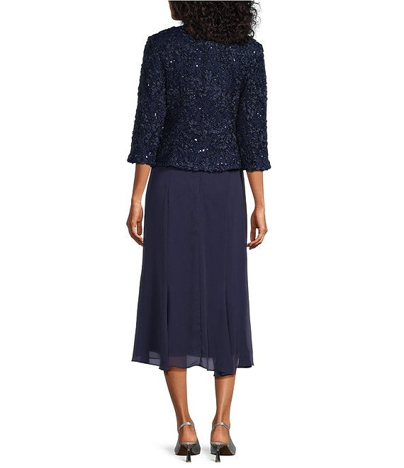 Wholesale Tea Length Soutache Dress with Center Front Button Jacket and Chiffon Skirt Alex Evenings 81122689
