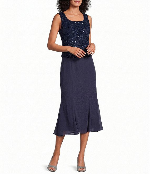 Wholesale Tea Length Soutache Dress with Center Front Button Jacket and Chiffon Skirt Alex Evenings 81122689